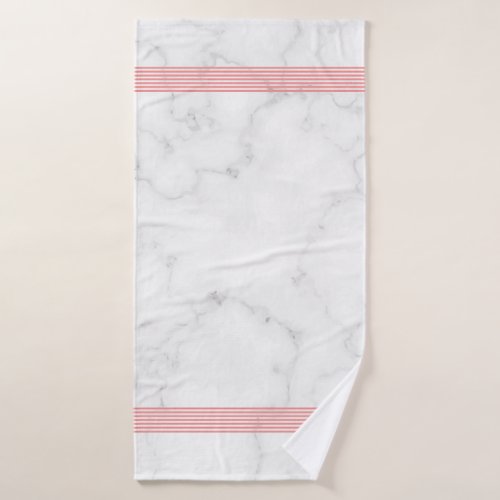 White faux marble pink stripes bath towel set