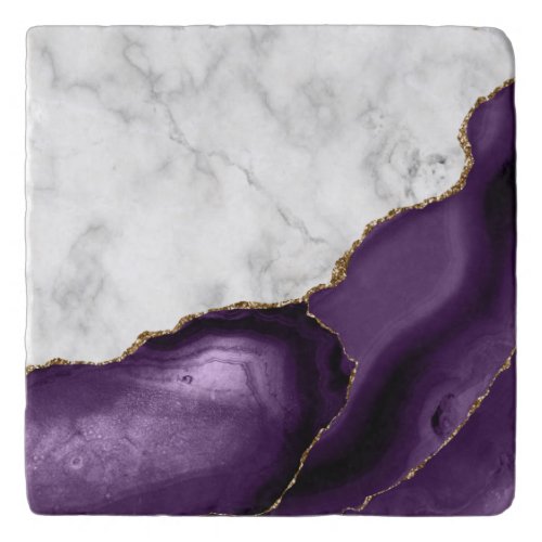 White Faux Marble Purple Agate Gold Glitter Trivet