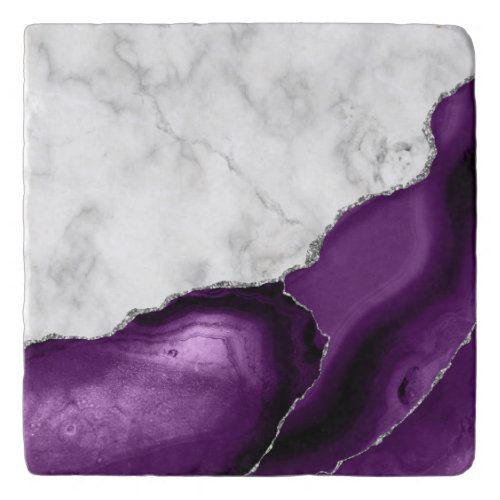 White Faux Marble Purple Agate Silver Glitter Trivet