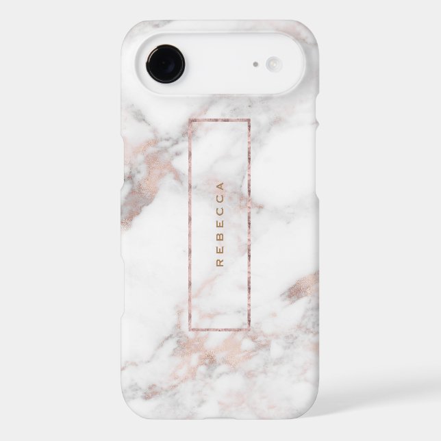 White Faux Marble Rose-Gold Accents Monogram Case-Mate iPhone Case (Back)
