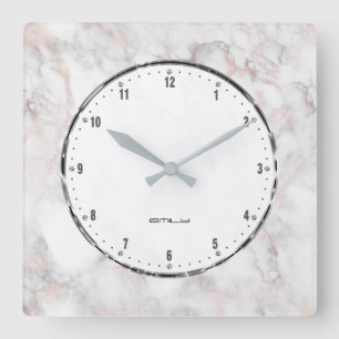 White Faux Marble Rose-Gold Accents Square Wall Clock