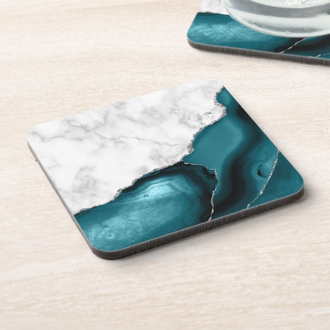 White Faux Marble Silver Glitter Teal Blue Agate Beverage Coaster (Left Side)