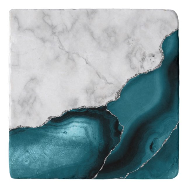 White Faux Marble Silver Glitter Teal Blue Agate Trivet (Front)