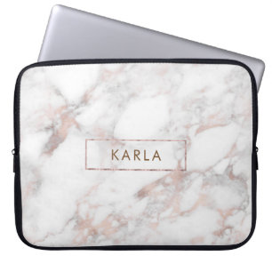 White faux marble texture monogram laptop sleeve