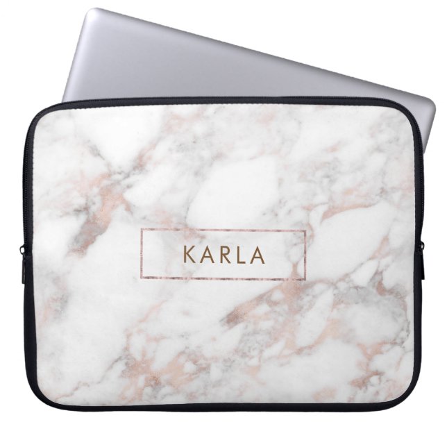 White faux marble texture monogram laptop sleeve (Front)