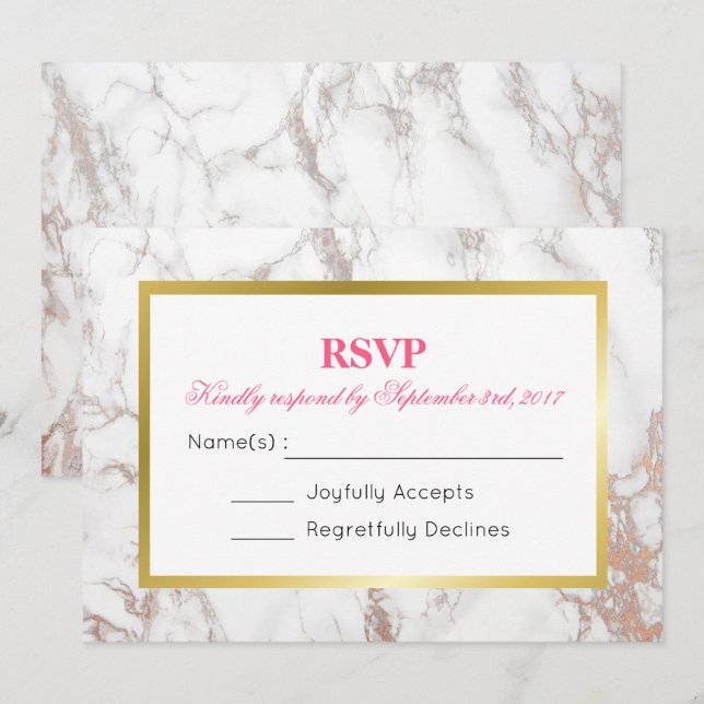 White Faux Marble Texture with a Gold Frame RSVP Invitation (Front/Back)