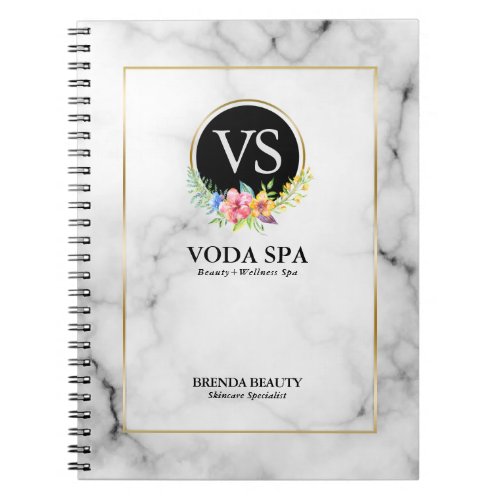 White faux marble tropical flowers accent logo notebook