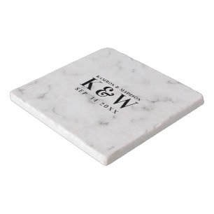 White Faux Marble Wedding Typography Trivet