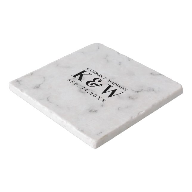 White Faux Marble Wedding Typography Trivet (Corner)