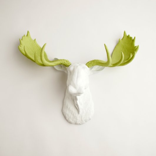 White Faux Moose Head with Mint Green Antlers (Front)