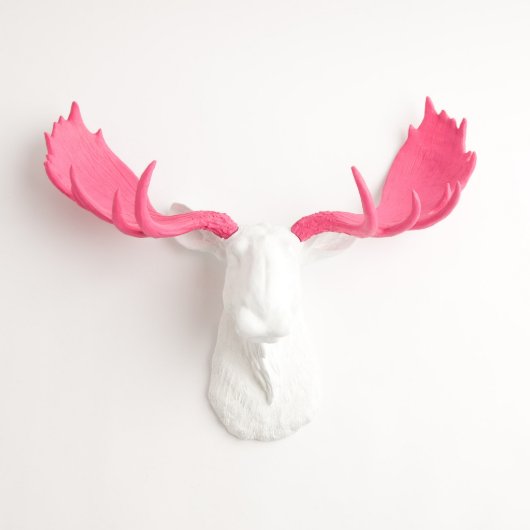 White Faux Moose Head with Pink Antlers (Front)
