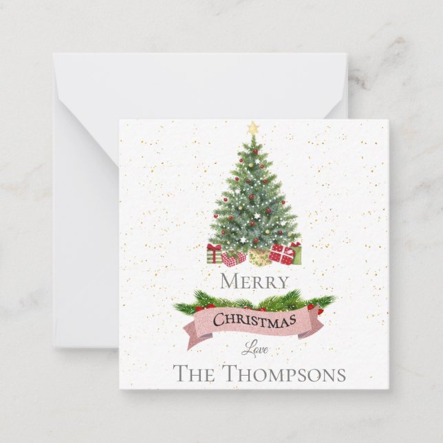 White & Faux Pink Glitter Banner | Merry Christmas Note Card (Front)