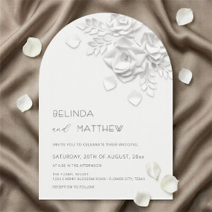 White Faux Relief Floral Roses Minimalist Wedding Invitation