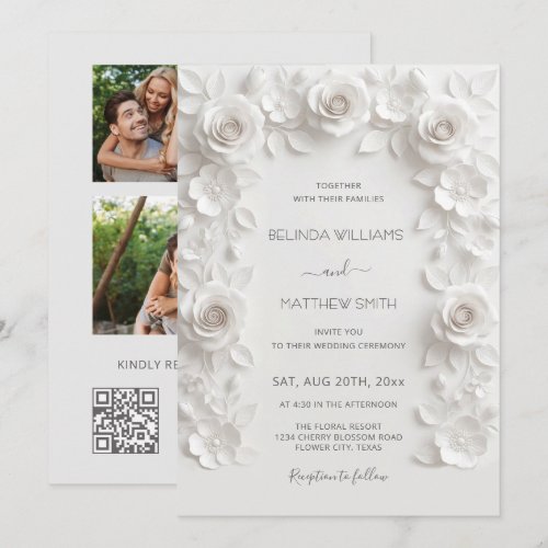 White Faux Relief Roses Frame 3 Photos Wedding Invitation