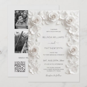 White Faux Relief Roses Frame 3 Photos Wedding Invitation