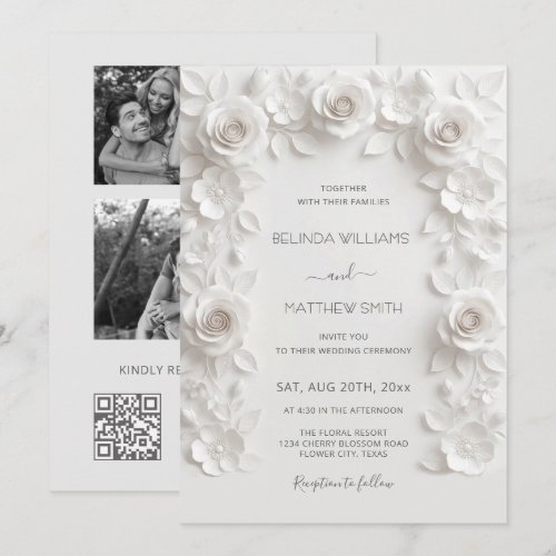 White Faux Relief Roses Frame 3 Photos Wedding Invitation