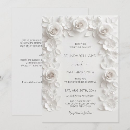 White Faux Relief Roses Frame All-in-One Invitation