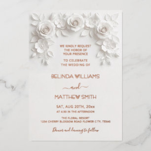 White Faux Relief Roses Frame Wedding Minimalist F Foil Invitation