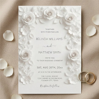 White Faux Relief Roses Frame Wedding Minimalist Invitation