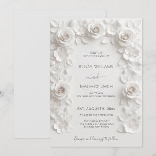 White Faux Relief Roses Frame Wedding Minimalist Invitation