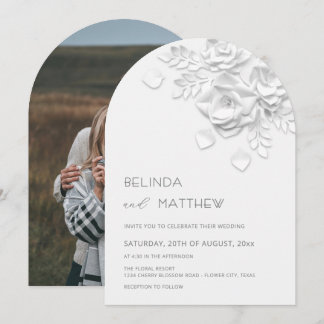 White Faux Relief  Roses Photo  Casual Wedding Invitation