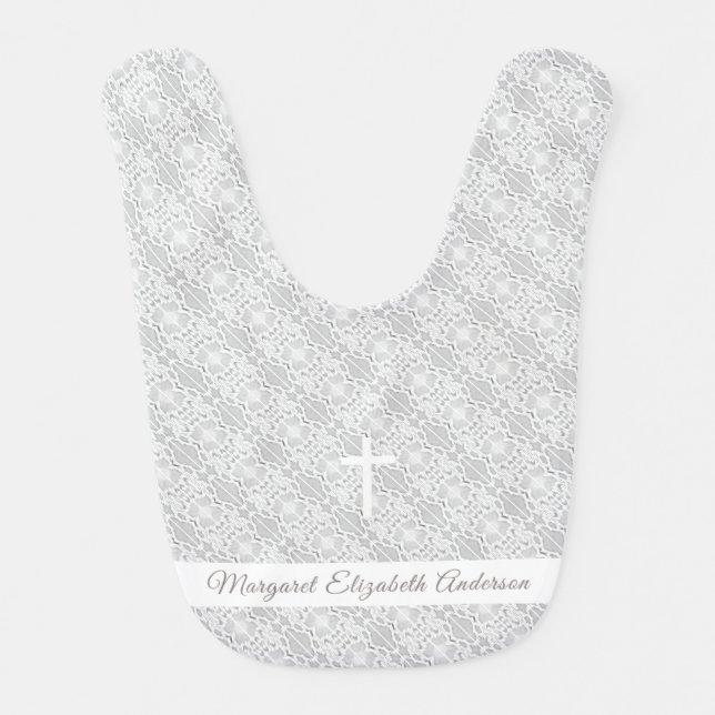 White Faux Satin and Lace Baptismal Bib (Front)