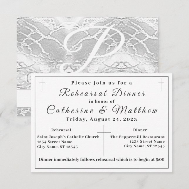 White Faux-Satin Monogrammed Rehearsal Dinner RSVP Card (Front/Back)