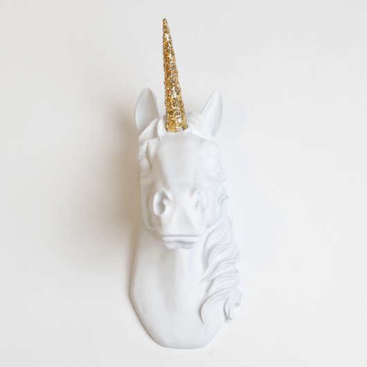 White Faux Unicorn Head with Gold Glitter Horn (Front)