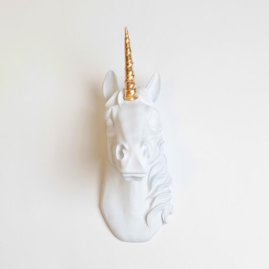 White Faux Unicorn Head with Metallic Gold Horn (Front)