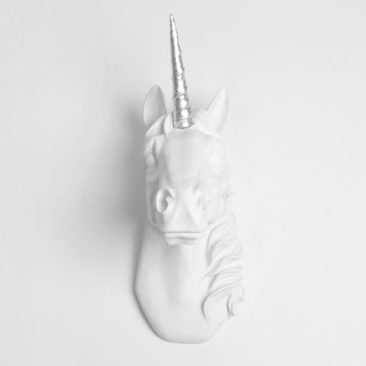 White Faux Unicorn Head with Metallic Silver Horn (Front)