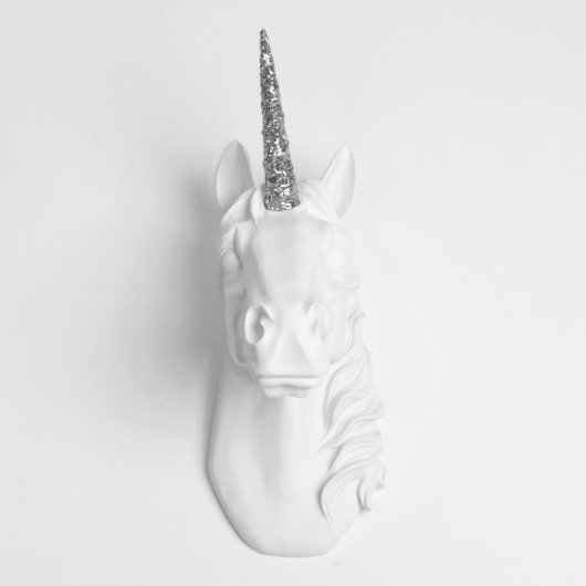 White Faux Unicorn Head with Silver Glitter Horn (Front)