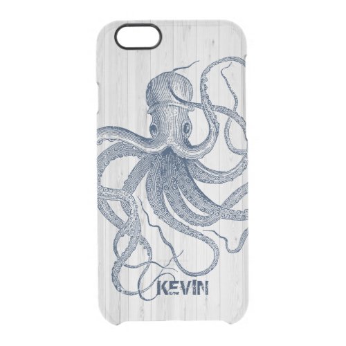 White Faux Wood  Blue Nautical Octopus D3 Clear iPhone 66S Case