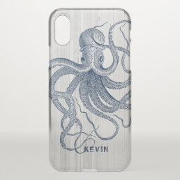 White Faux Wood &amp; Blue Nautical Octopus iPhone X Case