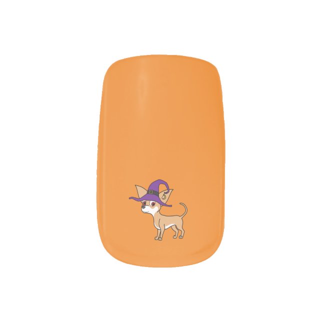 White & Fawn Chihuahua with Witch Hat Minx Nail Art (Left Thumb)