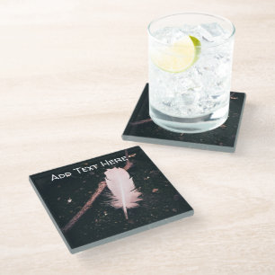 White Feather and Twig on Walking Path Glass Coaster