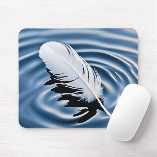 White Feather Floating On Blue Water Mouse Pad