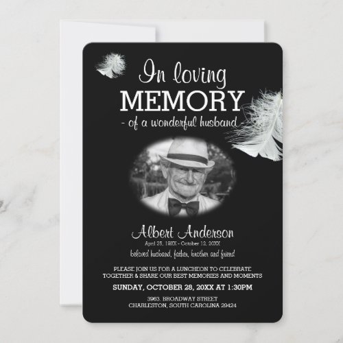 White Feather In Loving Memory Custom Photo Invitation