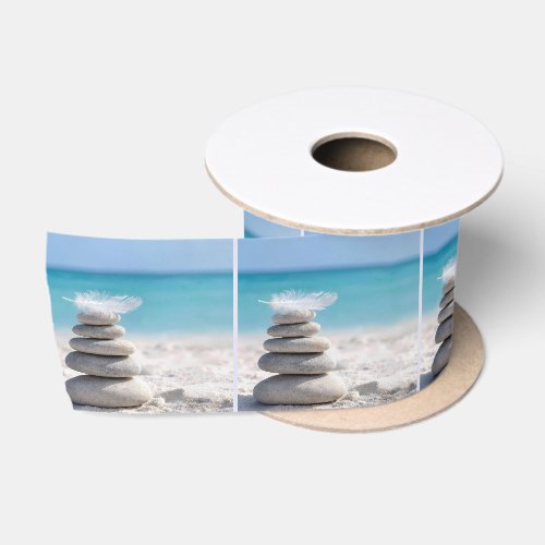White Feather on a Beach Cairn Satin Ribbon