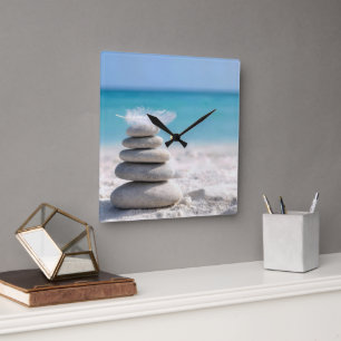 White Feather on a Beach Cairn Square Wall Clock