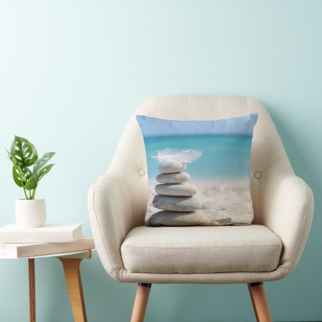 White Feather on a Beach Cairn Throw Pillow (Chair)