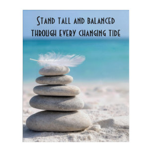 White Feather on a Beach Cairn with Quote Acrylic Print