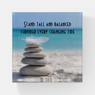White Feather on a Beach Cairn with Quote Paperweight