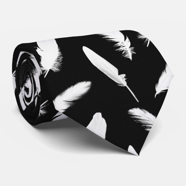 White feather print on black tie (Rolled)