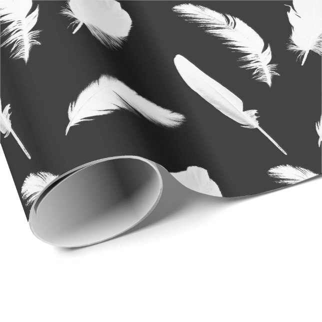 White feather print on black wrapping paper (Roll Corner)