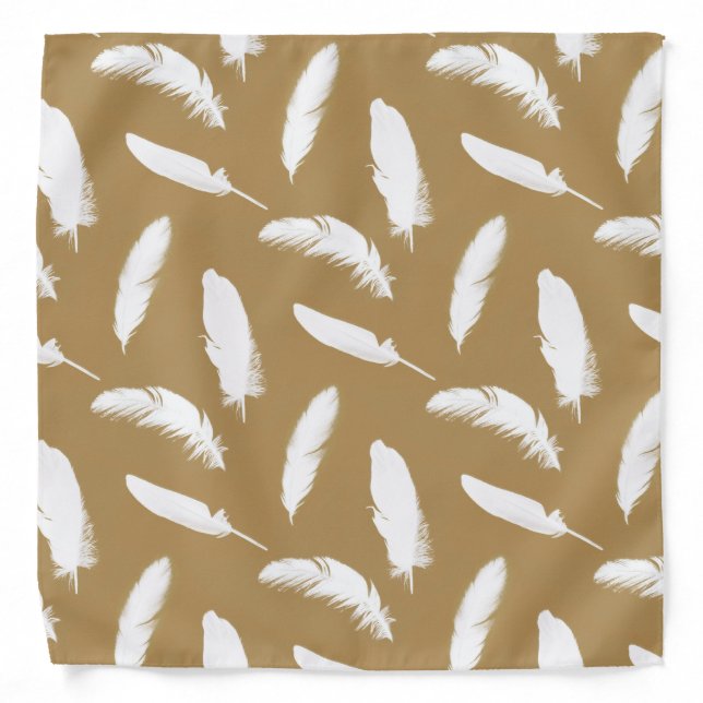 White feather print on camel tan bandana (Front)