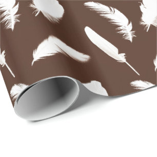 White feather print on chocolate brown wrapping paper