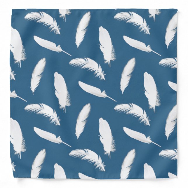 White feather print on denim blue bandana (Front)