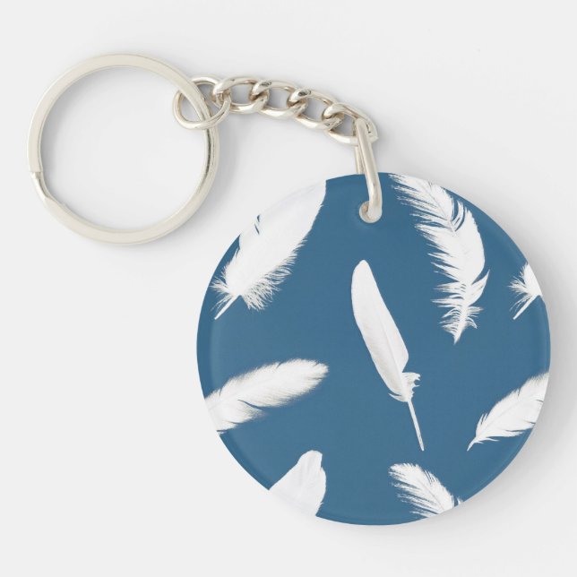 White feather print on denim blue keychain (Front)