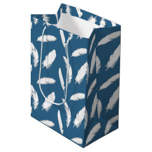 White feather print on denim blue medium gift bag