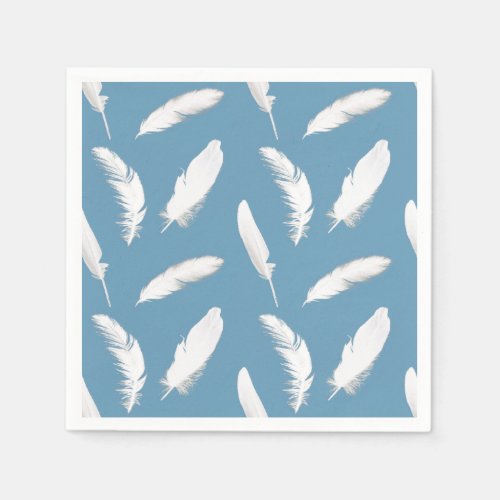 White feather print on light denim blue napkins